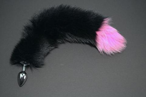 Black with Pink Tip Fox Tail Butt Plug Real Fur