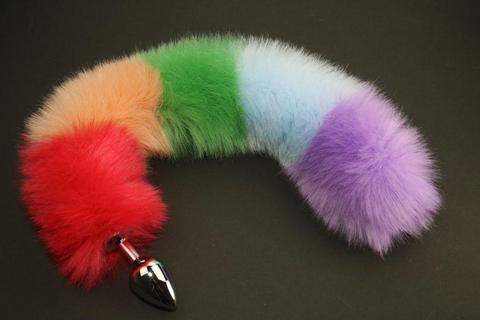 Long Faux Fur Rainbow Striped Fox Tail or Kitty Tail Butt Plug